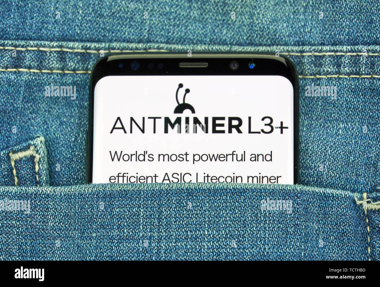 MONTREAL, CANADA - December 23, 2018: Antminer L3 plus logo on Samsung s8 screen. Antminer L3 ASIC. Antminer L3+ is a powerful Litecoin miner. Stock Photo