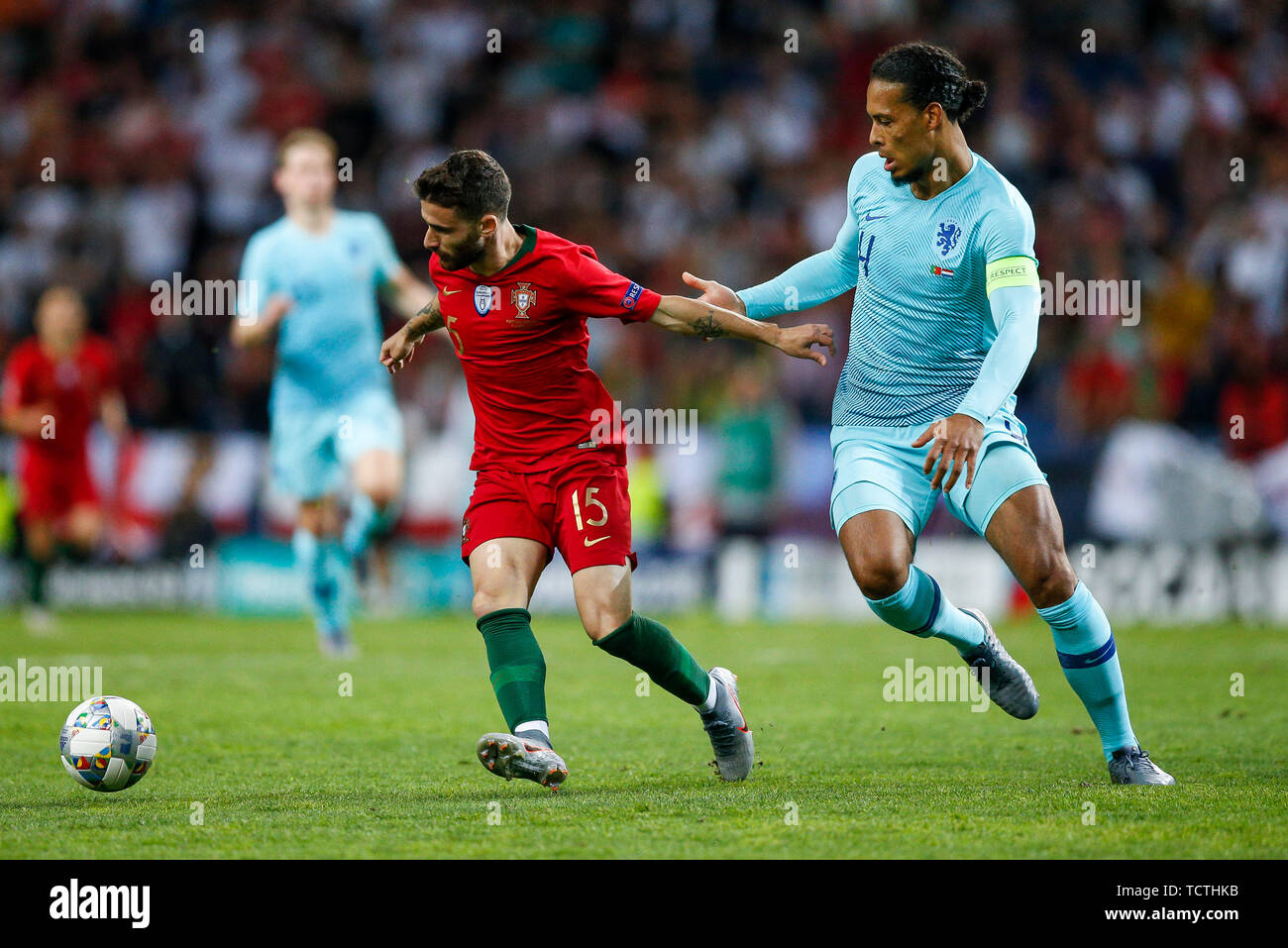 Porto, Portugal. 09th June, 2019. Rafa Silva of Portugal and Virgil van Dijk of Netherlands during the UEFA Nations League Final match between Portugal and Netherlands at Estadio do Dragao on June 9th 2019 in Porto, Portugal. (Photo by Daniel Chesterton/phcimages.com) Credit: PHC Images/Alamy Live News Stock Photo