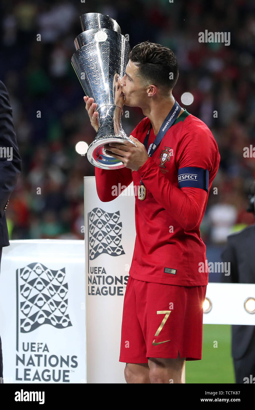 Porto, Portugal. 9th June, 2019. Portugal's forward Cristiano Ronaldo  kisses the trophy after winning the UEFA Nations League Final football  match between Portugal and Netherlands, at the Dragao stadium in Porto,  Portugal,