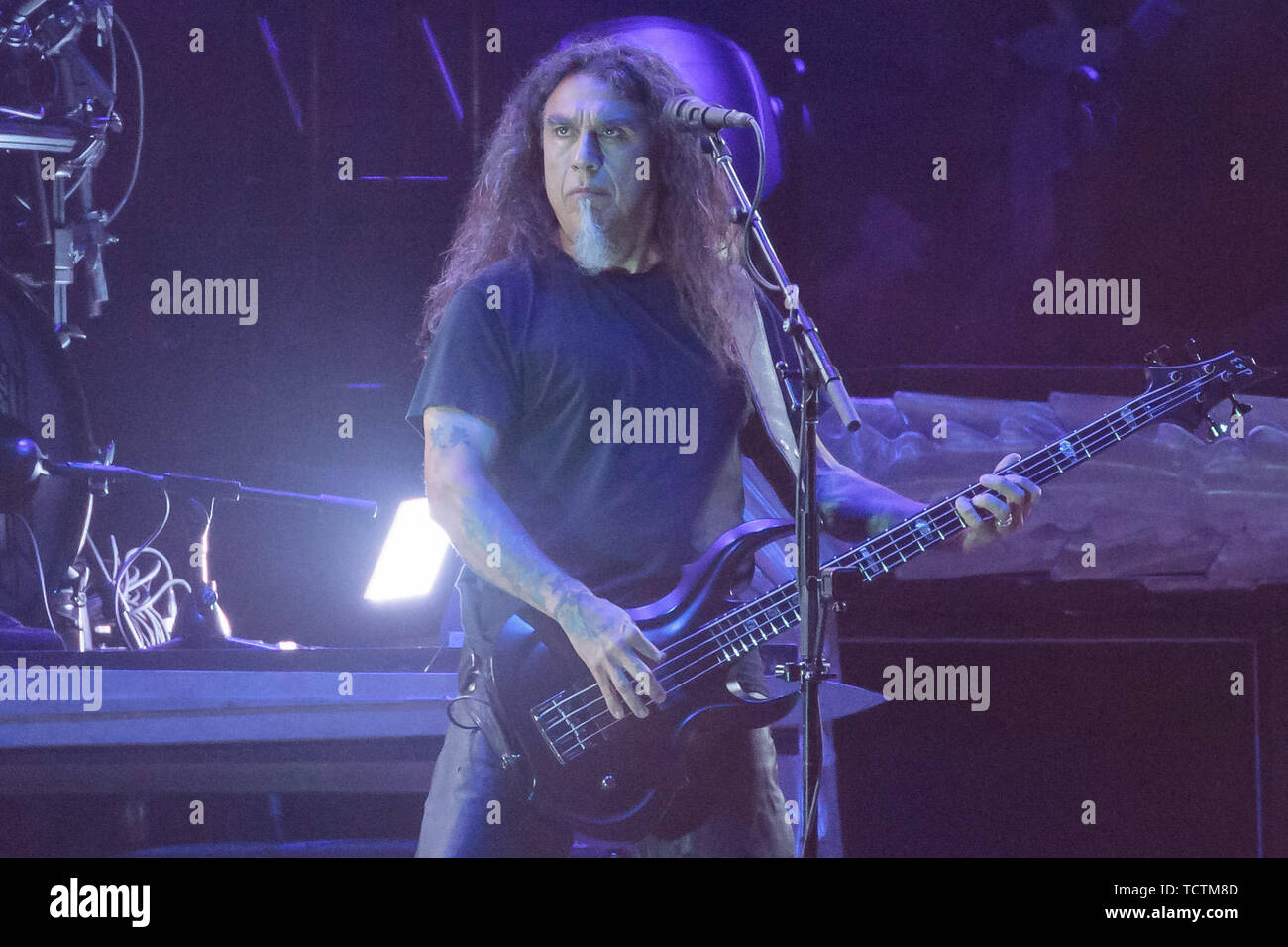 Nuremberg, Germany. 09th June, 2019. Tom Araya, singer and bassist of the  US-American metal band Slayer, is on stage at the open-air festival "Rock  im Park". The festival took place from 7