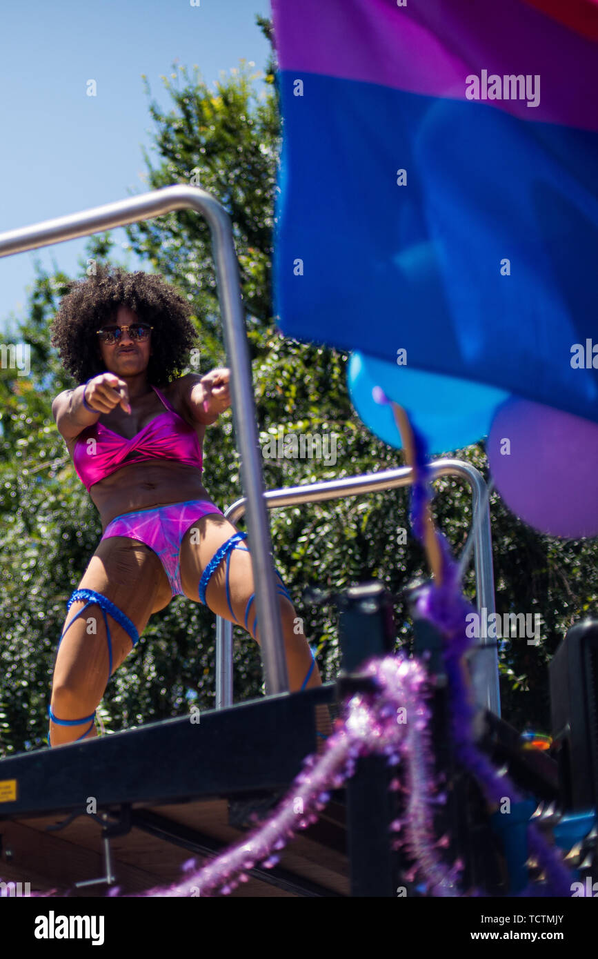West Hollywood, California, USA. 9th June, 2019. A woman dances atop the amBi float the LA Pride Parade in West Hollywood, California, on Sunday, June 9. Credit: Justin L. Stewart/ZUMA Wire/Alamy Live News Stock Photo