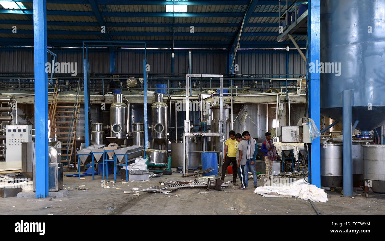 New Delhi New Delhi 10th June 19 Workers Are Seen At The Site Of Explosion At The Pusilin Biotechnology Private Limited Located In The Rozka Meo Industrial Area In India S Northern State