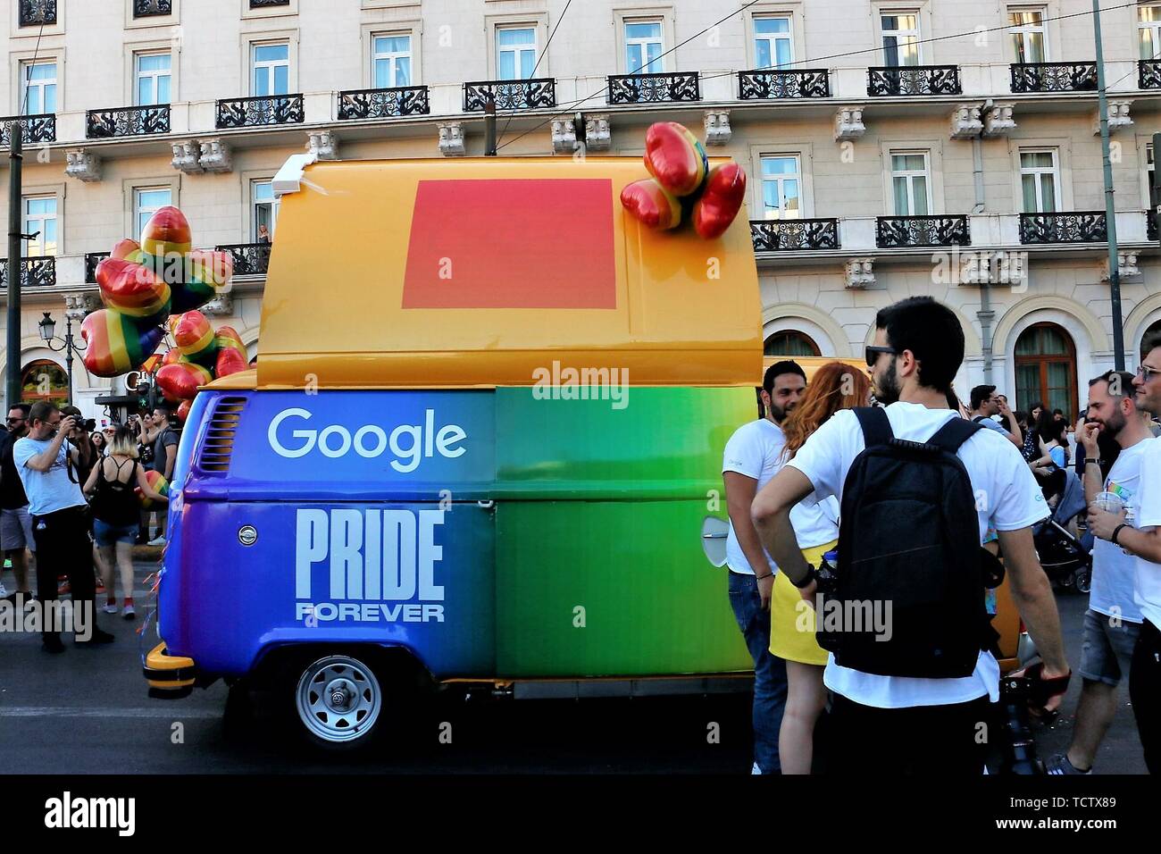 Athens, Greece. 8th June, 2019. A van sponsored by Google leads the parade  during the festival.The Athens Pride Festival 2019 was held at the Syntagma  square with many people of the LGBTQ