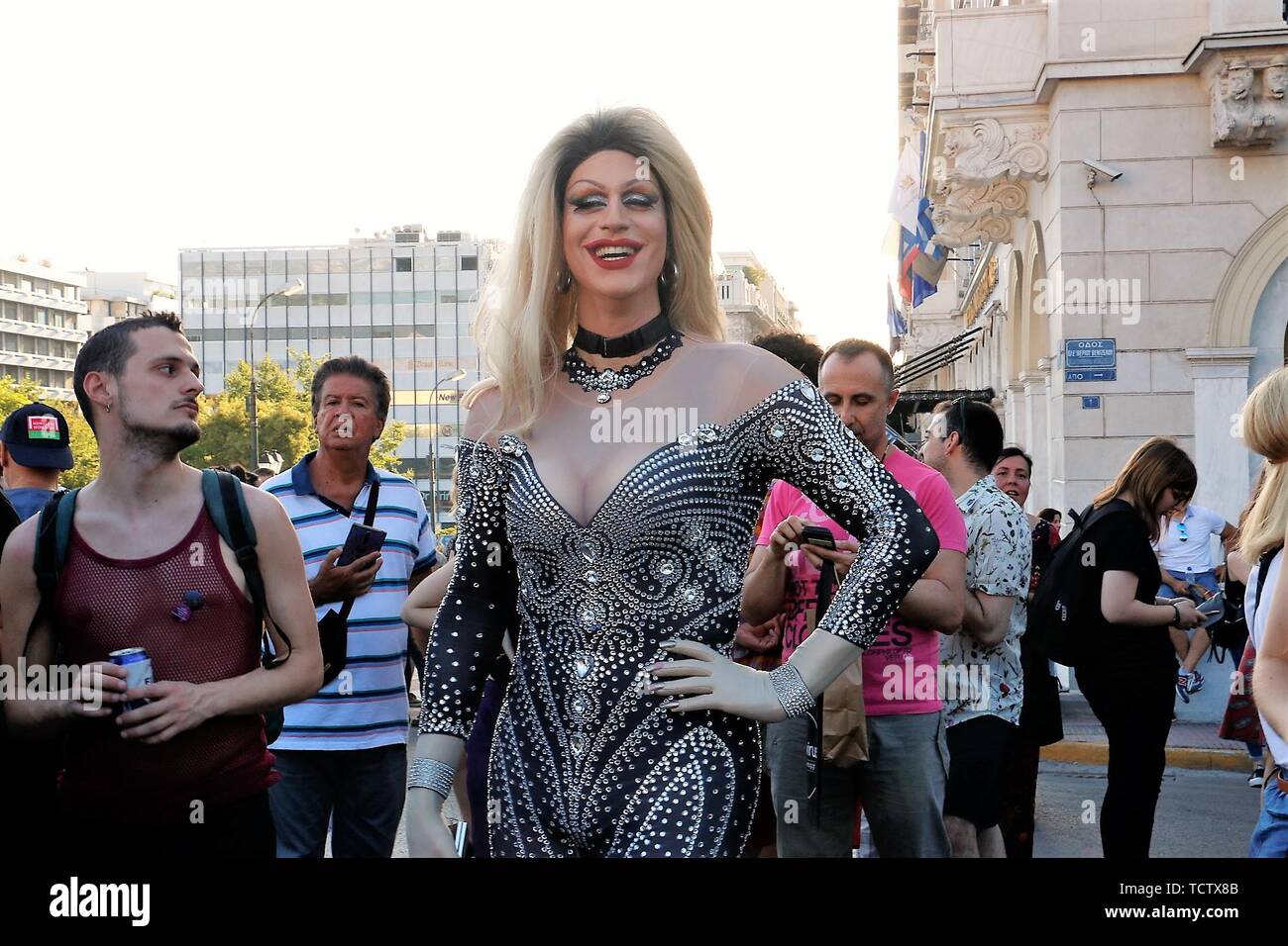 Athens, Greece. 8th June, 2019. A drag queen smiles during the festival.The  Athens Pride Festival 2019 was held at the Syntagma square with many people  of the LGBTQ joining the cause. Credit: