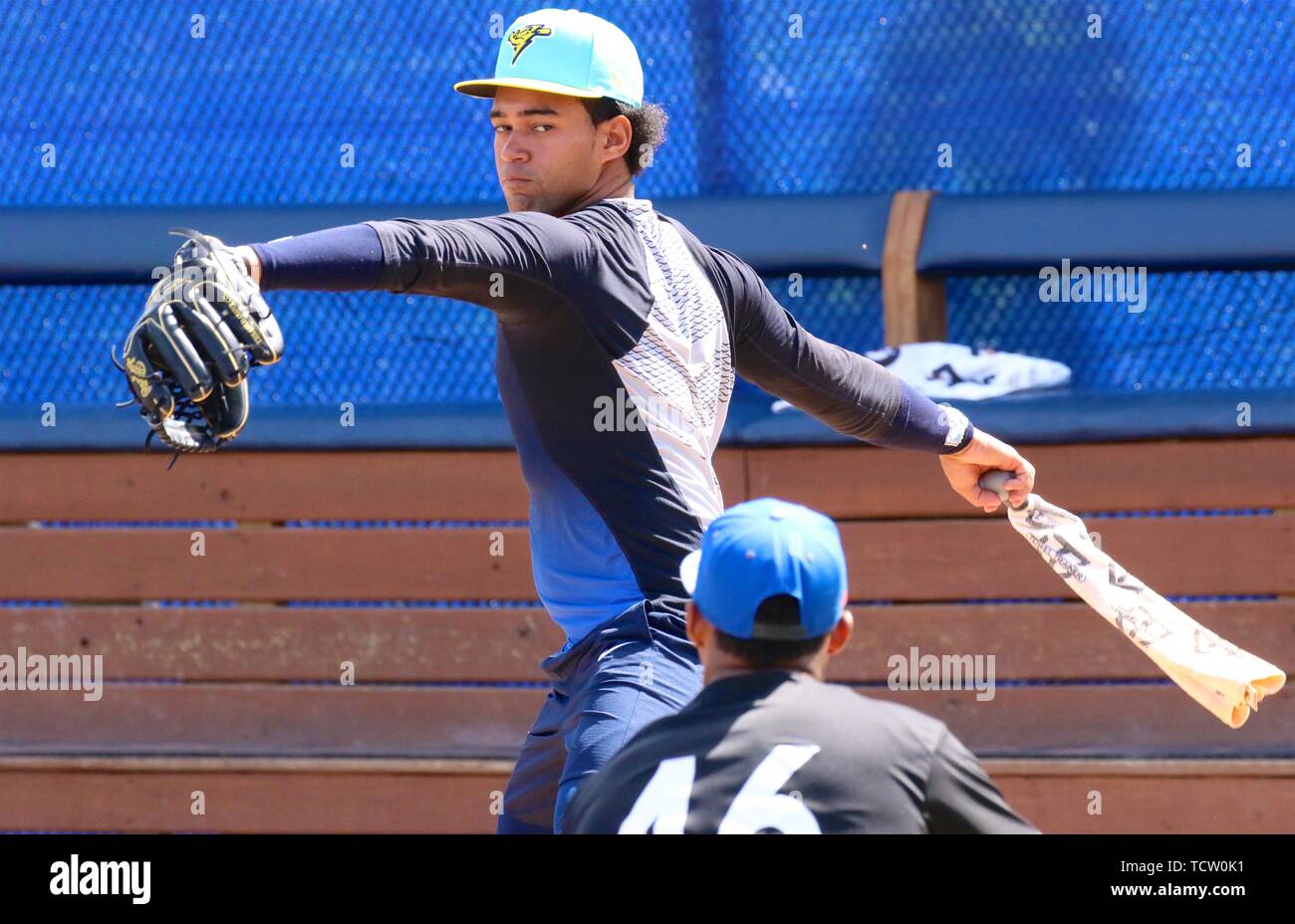 Trenton, New Jersey, USA. 8th June, 2019. DEIVI GARCIA, a pitcher for the  Trenton Thunder (the New York Yankees' double-A affiliate team) who comes  from the Dominican Republic, practices his throwing motion