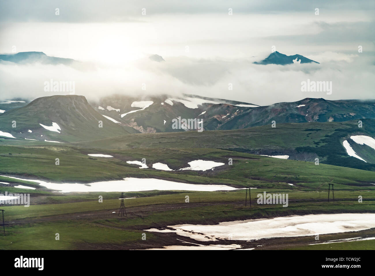 Aerial view of landscape with green plains on Kamchatka peninsula, Russia Stock Photo