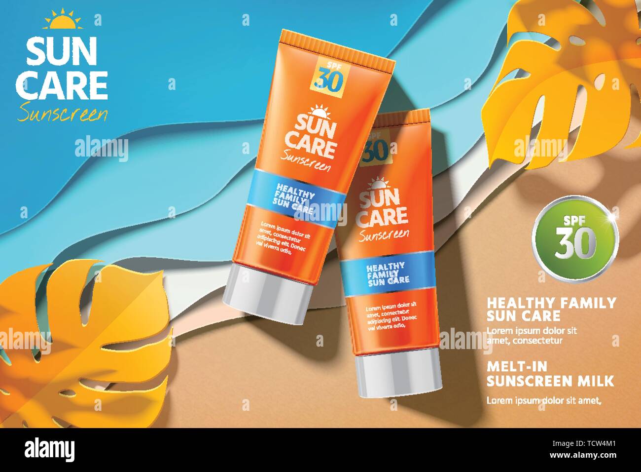 Orange sunscreen ads with product laying on beautiful paper beach in 3d illustration Stock Vector