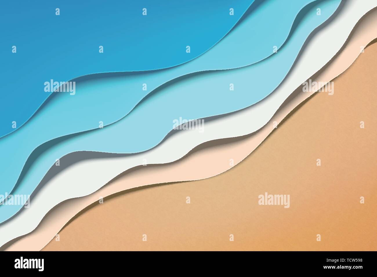 Paper art summer beach wave tides in 3d illustration Stock Vector