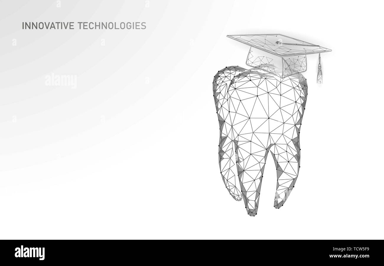 E-learning distance medicine dental graduate certificate program concept. Low poly 3D render graduation cap on tooth banner template. Internet Stock Vector