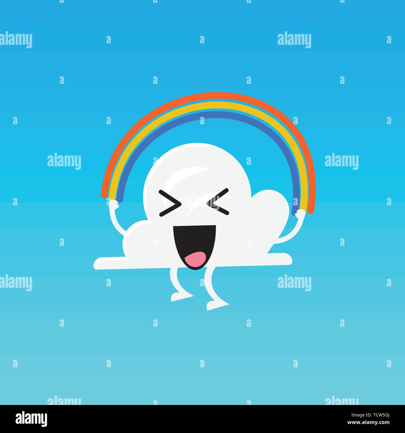 Cloud character emoji jumping rainbow rope. Vector illustration Stock Vector