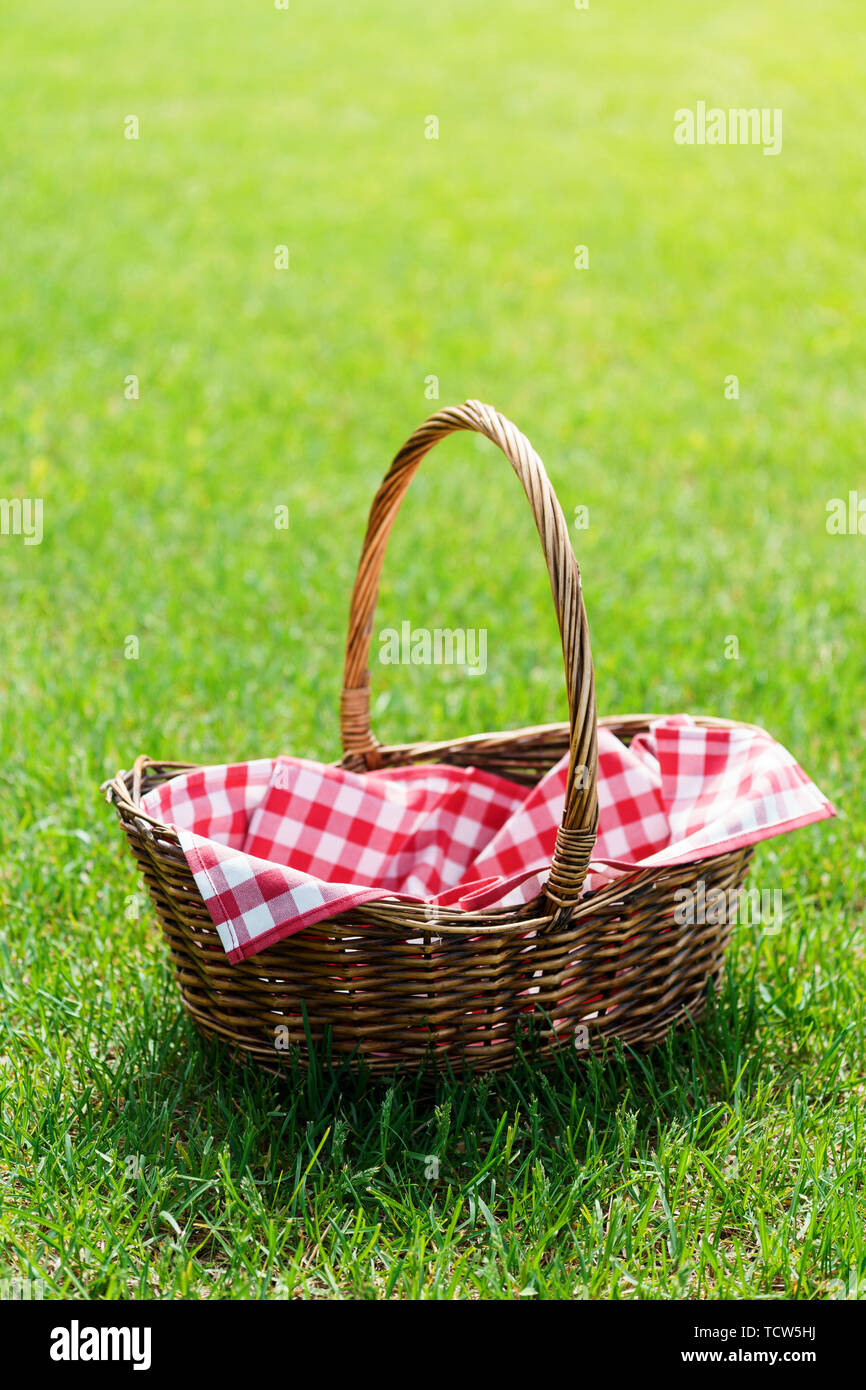 Empty picnic basket with red checkered napkin on the grass. Warm