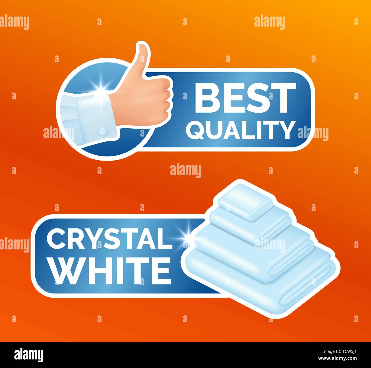 Washing clothes stickers set, clean laundry, thumbs up label with sign best quality, stack of white towels with the inscription crystal white, washing Stock Vector