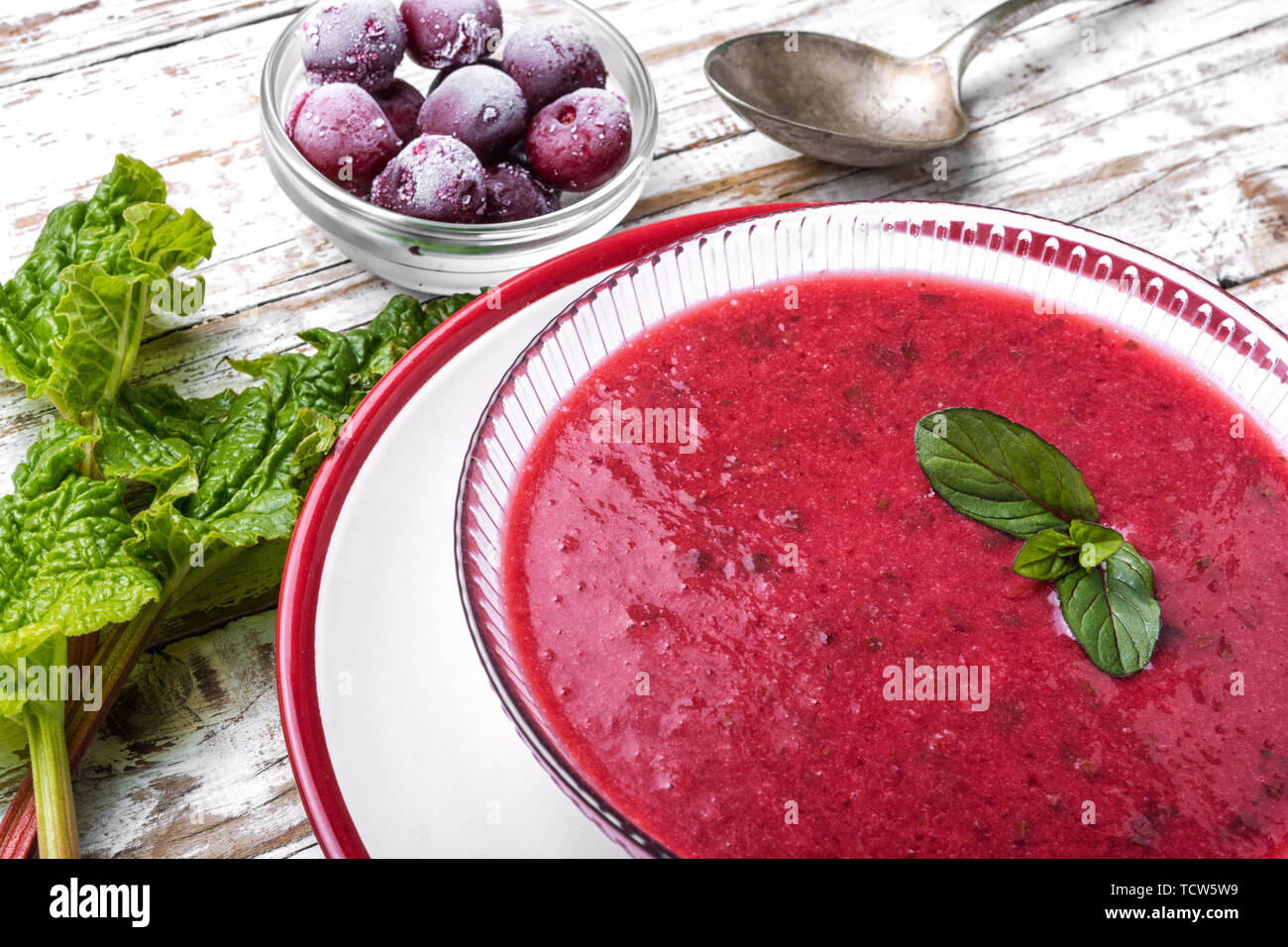 Seasonal summer fruit soup.Soup with strawberries.Cold soup.Fruit soup. Stock Photo