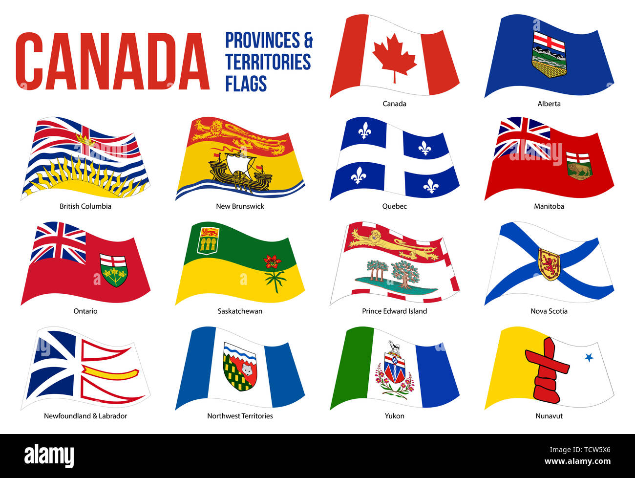 Canada All Provinces & Territories Flag Waving Vector Illustration on
