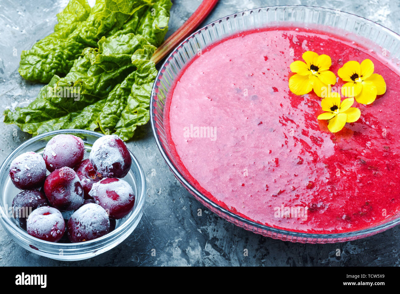 Summer cool soup with cherry and rhubarb.Fruit soup. Summer food. Stock Photo