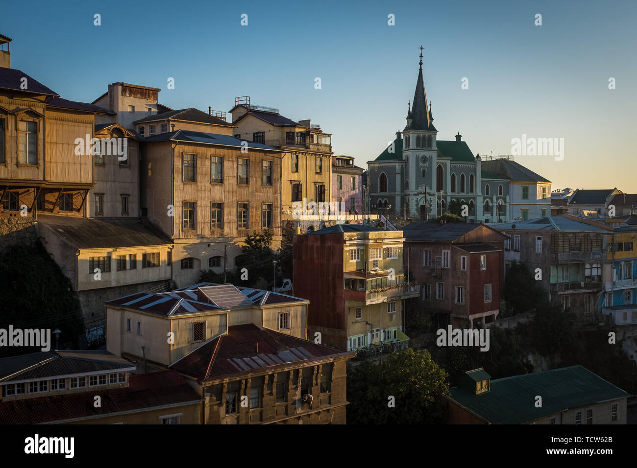 A sweeping view of the colourful streets of the city of Valparaiso, Chile at sunset Stock Photo