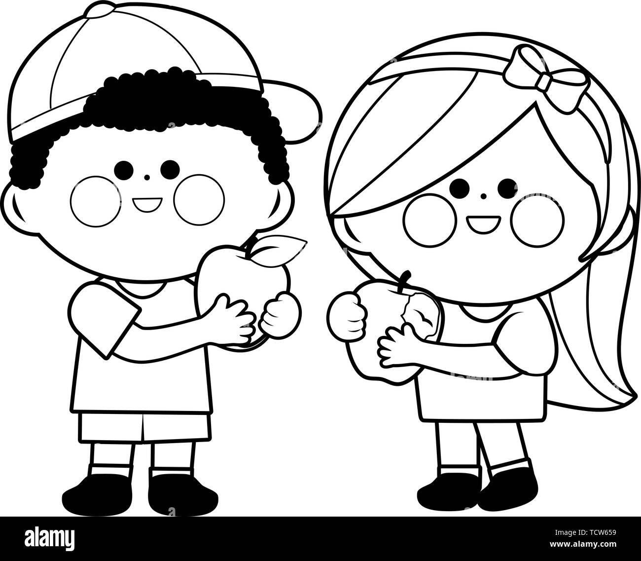 Children eating apples. Vector black and white coloring page Stock Vector