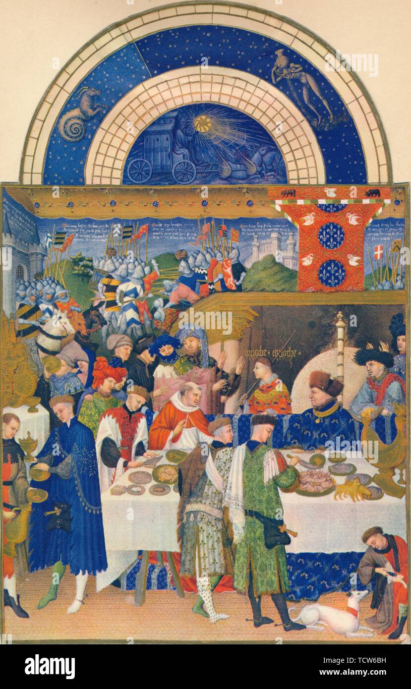 January - the Duc de Berry at table, 15th century, (1939). Creator: Jean  Limbourg Stock Photo - Alamy