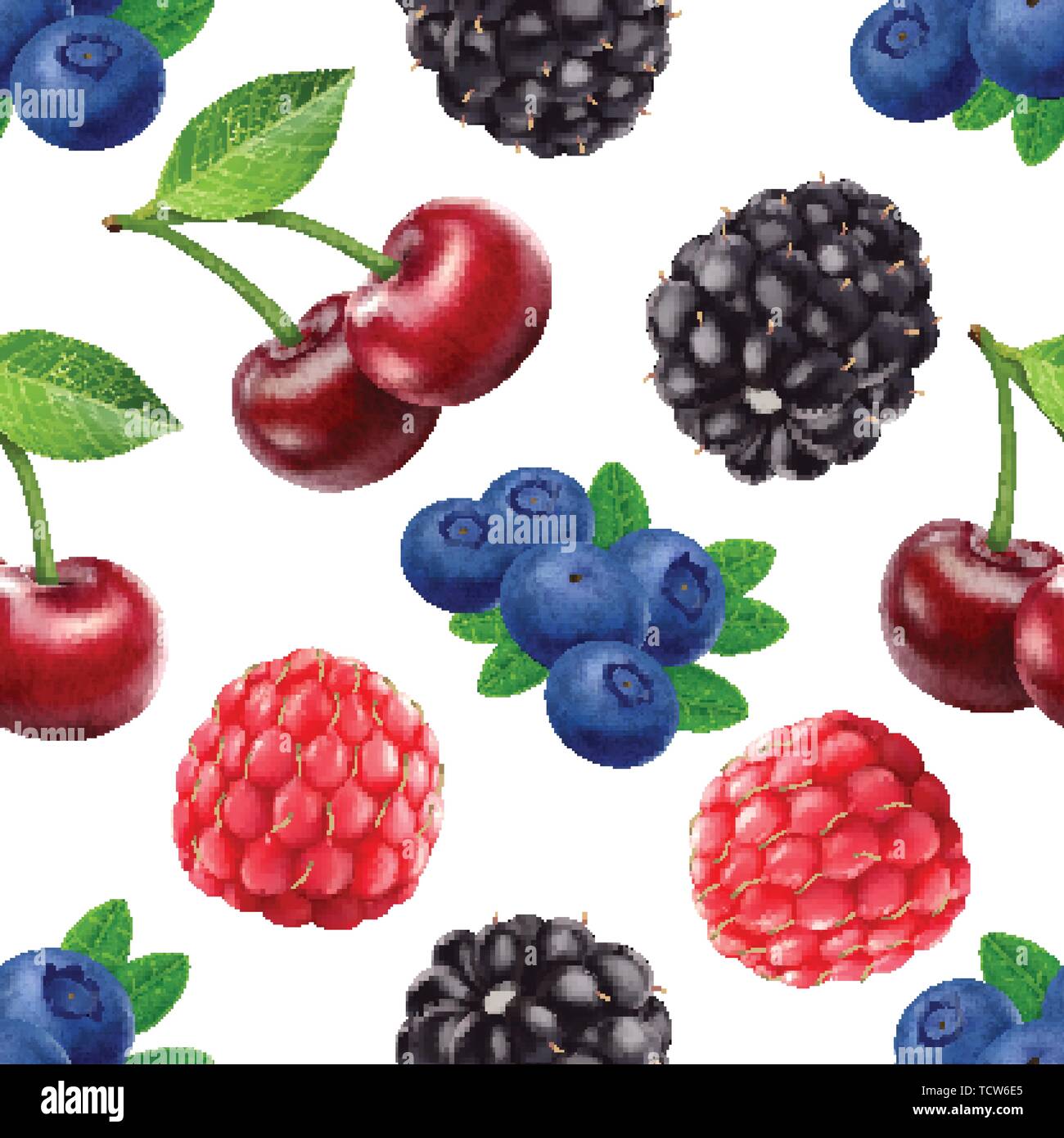 Blackberry blueberry cherry and raspberry seamless pattern. 3d realistic vector berries. Stock Vector