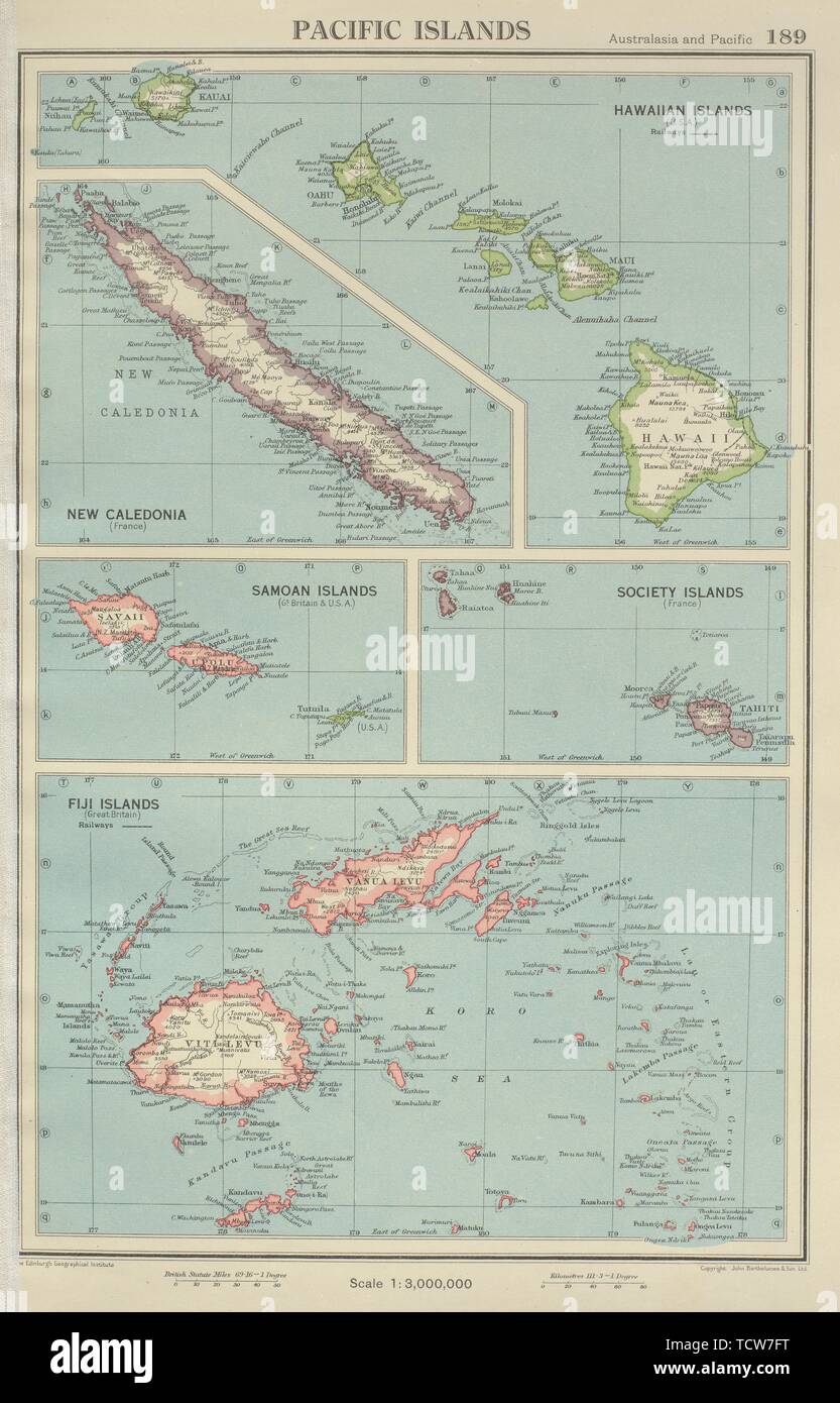 Map Of Fiji And Hawaii Pacific Islands. Hawaii Samoa Fiji New Caledonia Society Islands 1947 Old  Map Stock Photo - Alamy