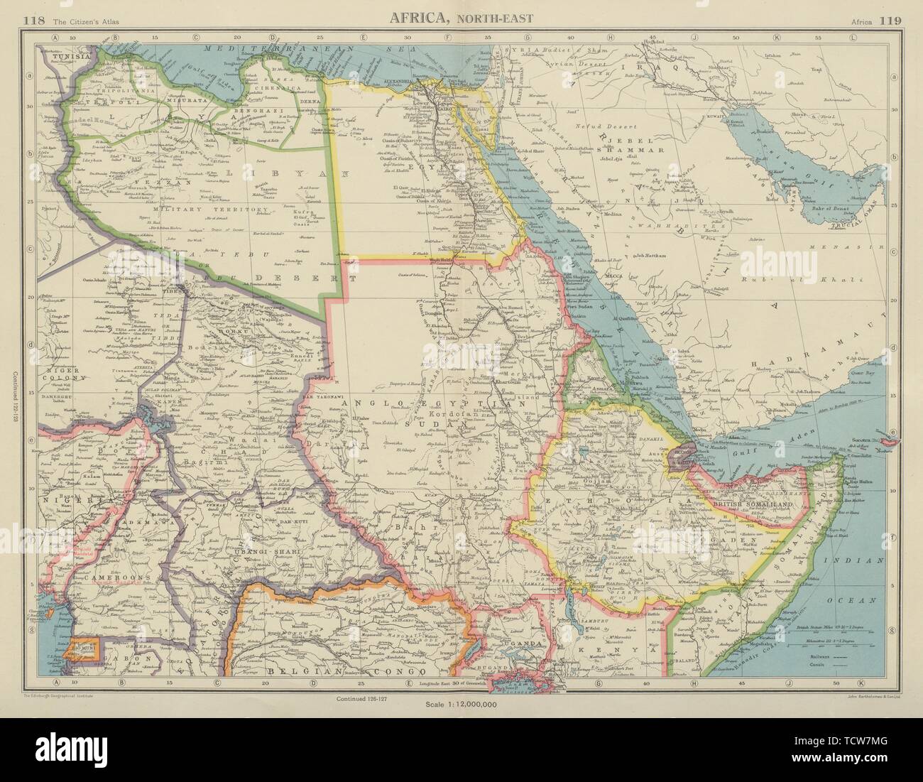 Ethiopia And Egypt Map North East Africa. Libya Egypt Sudan Ethiopia Chad Somalia. Bartholomew  1947 Map Stock Photo - Alamy