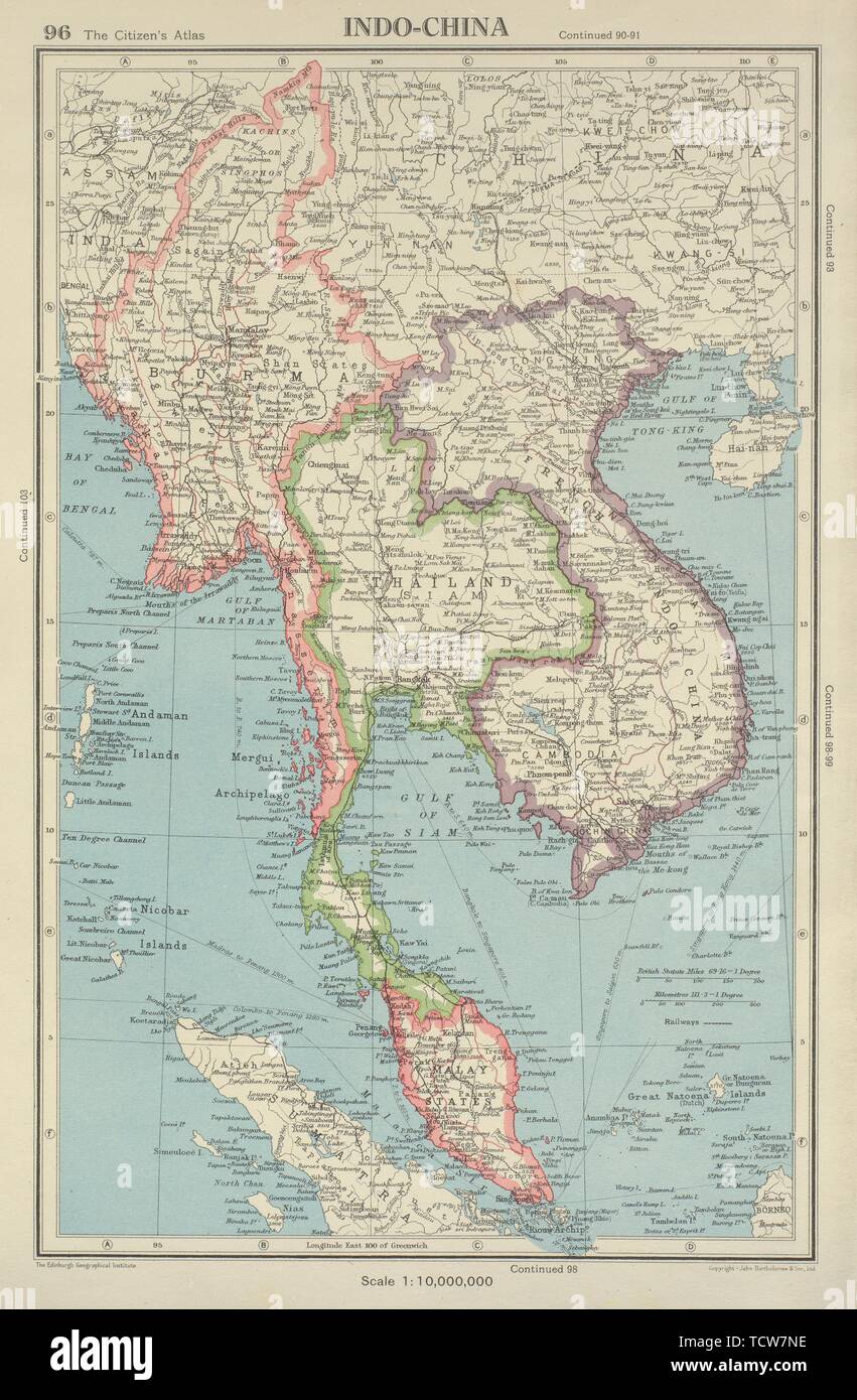 INDOCHINA. Burma Malay States French Indochina Thailand. BARTHOLOMEW 1947 map Stock Photo