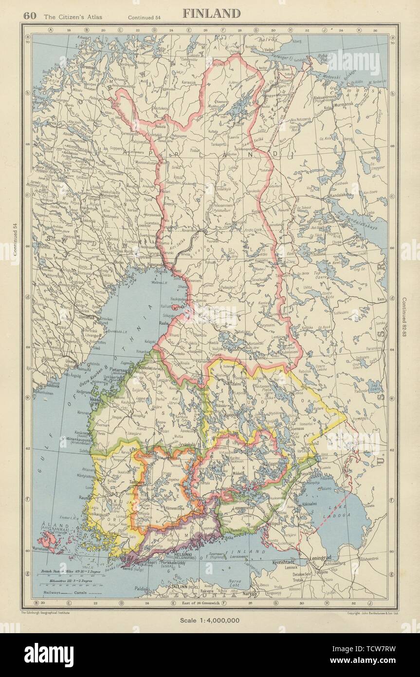 FINLAND showing provinces, and pre-1940 borders/changes 1944 old vintage  map Stock Photo - Alamy