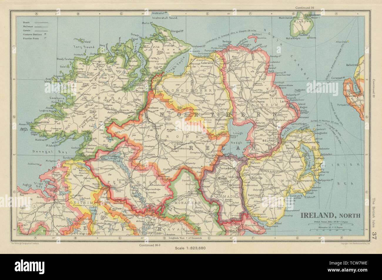Ulster Northern Ireland Map Northern Ireland. Ulster. Antrim Armagh Tyrone Londonderry. Bartholomew  1947 Map Stock Photo - Alamy