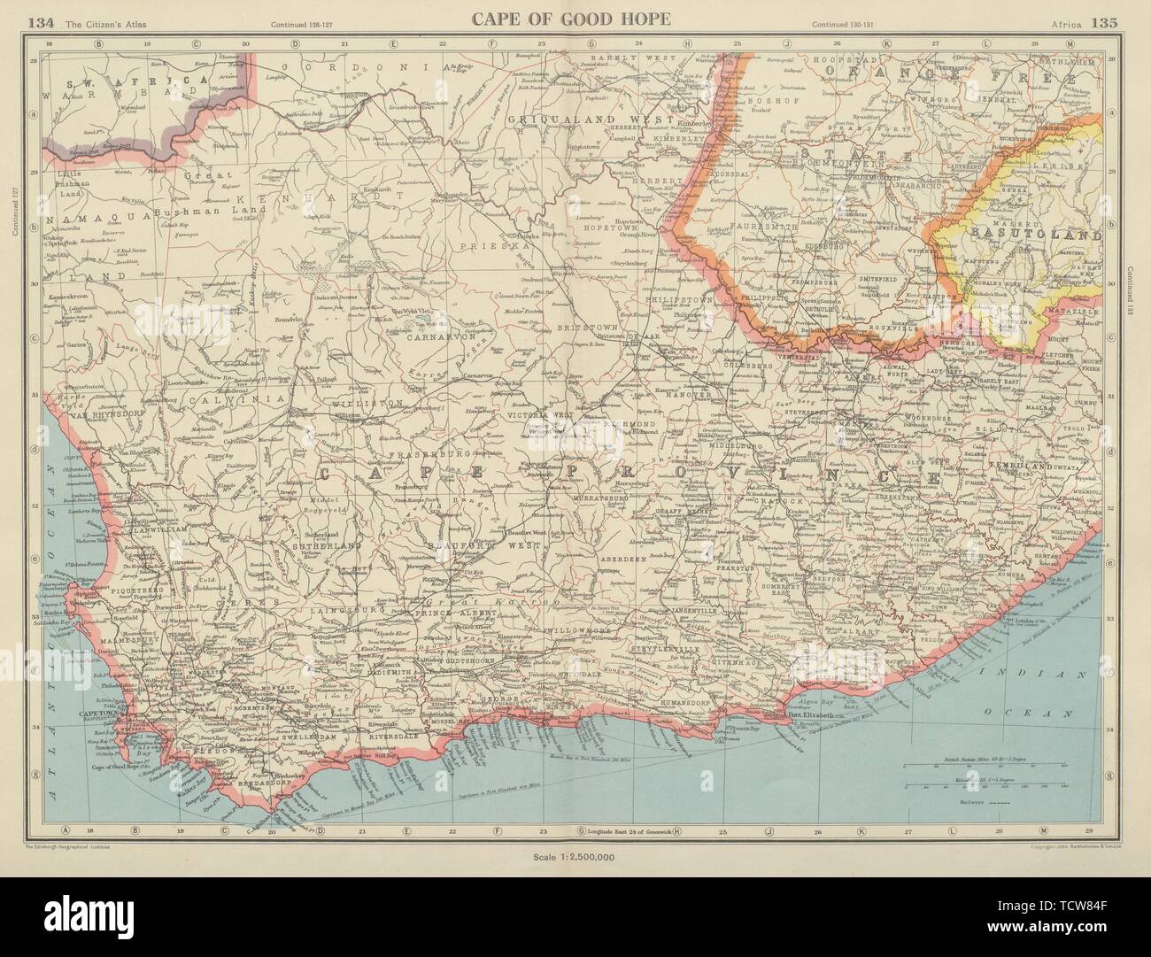 Map Of Cape Province South Africa Cape Of Good Hope. Cape Province. South Africa. Bartholomew 1947 Old Map  Stock Photo - Alamy