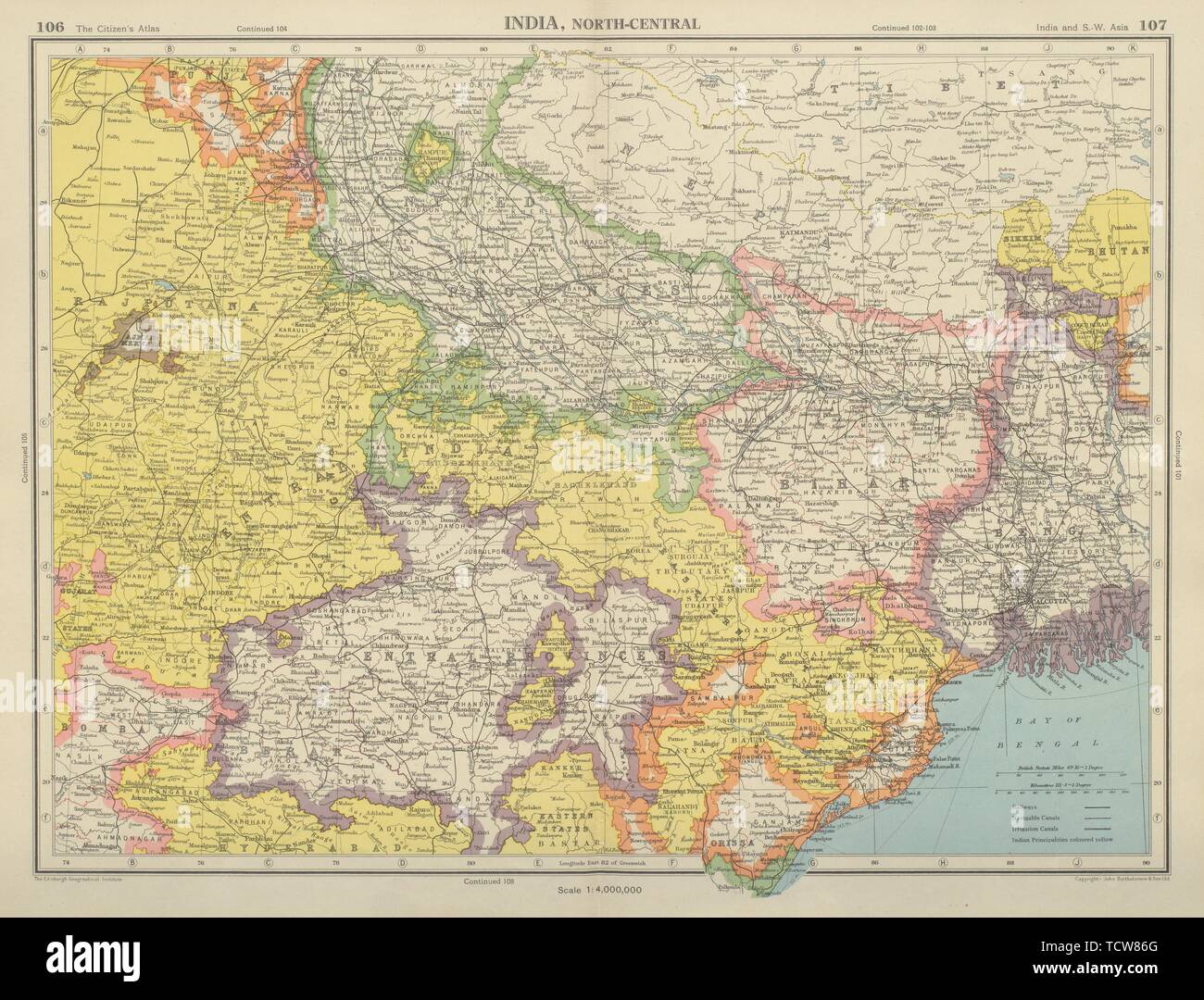 Bihar Map Before 1947 India North-East. Nepal Bihar Bengal Central Provinces. Bartholomew 1947 Map  Stock Photo - Alamy