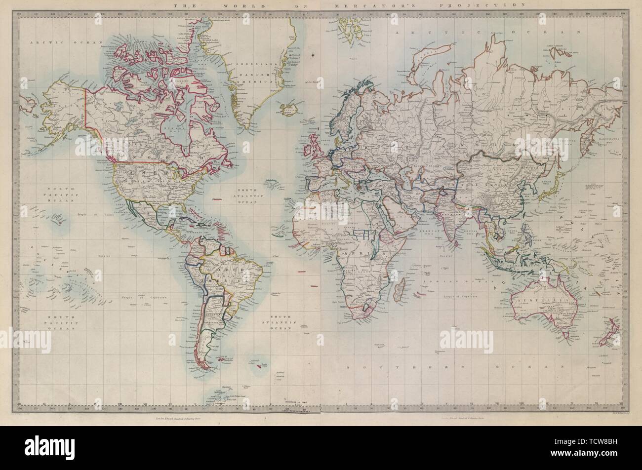 WORLD ON MERCATOR'S PROJECTION on 2 sheets conjoined. SDUK 1874 old map Stock Photo