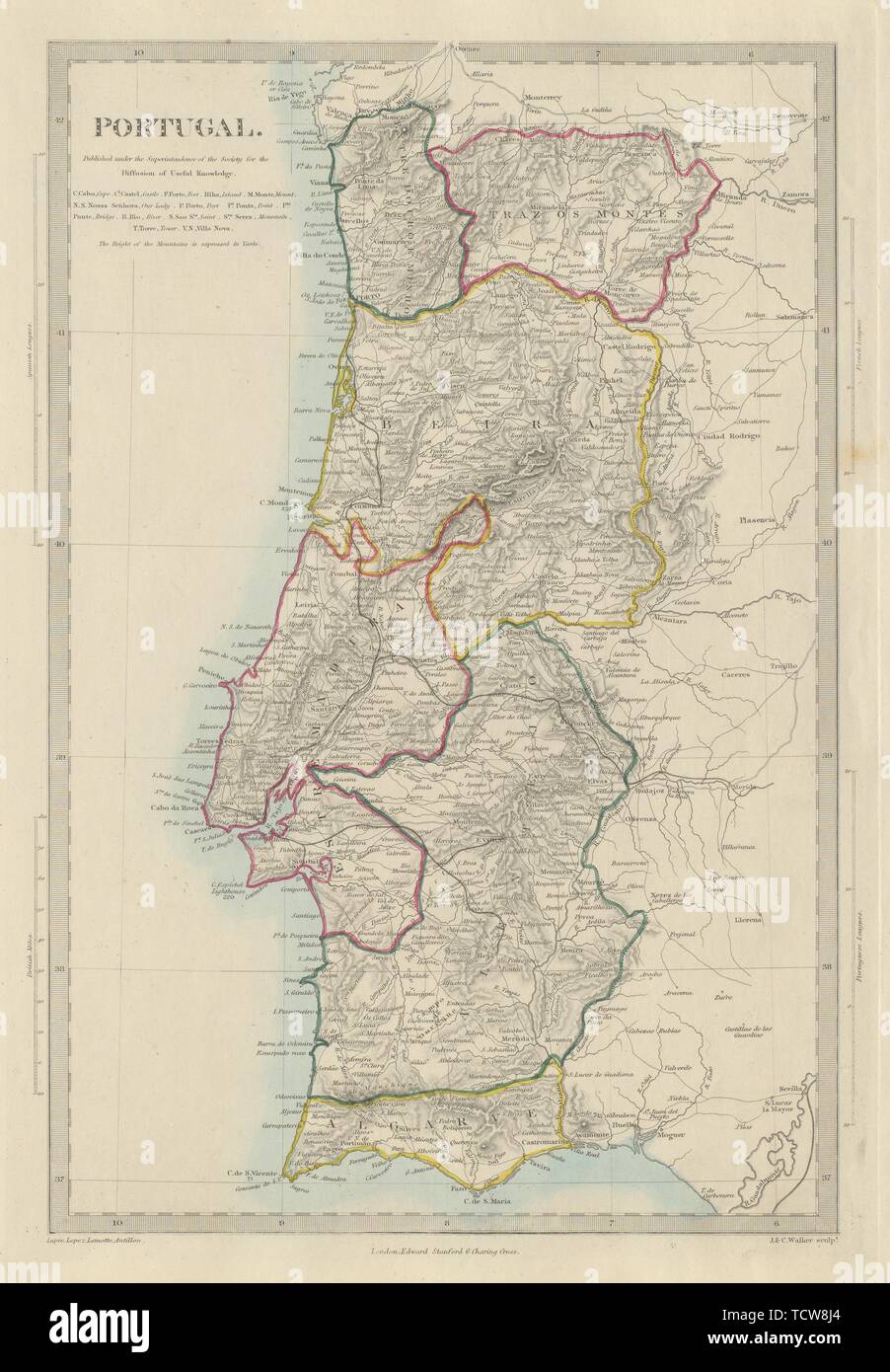 PORTUGAL in provinces. Algarve Alentejo Estremadura Beira etc. SDUK 1874 map Stock Photo