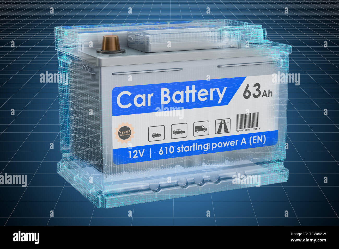 Visualization 3d cad model of Car Battery, blueprint. 3D rendering