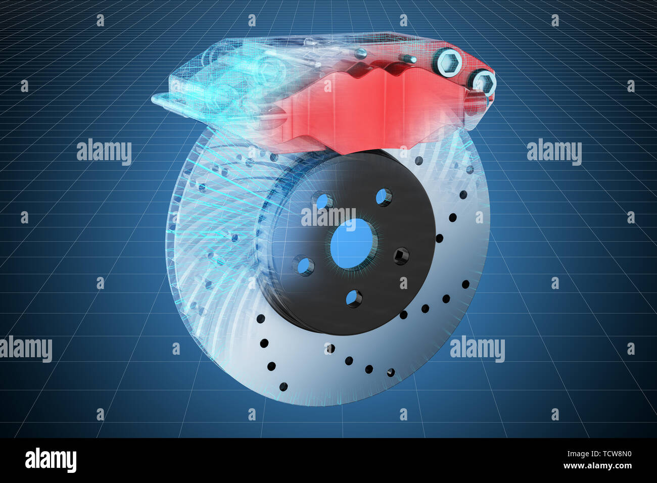 Visualization 3d cad model of car disc brake with caliper, blueprint
