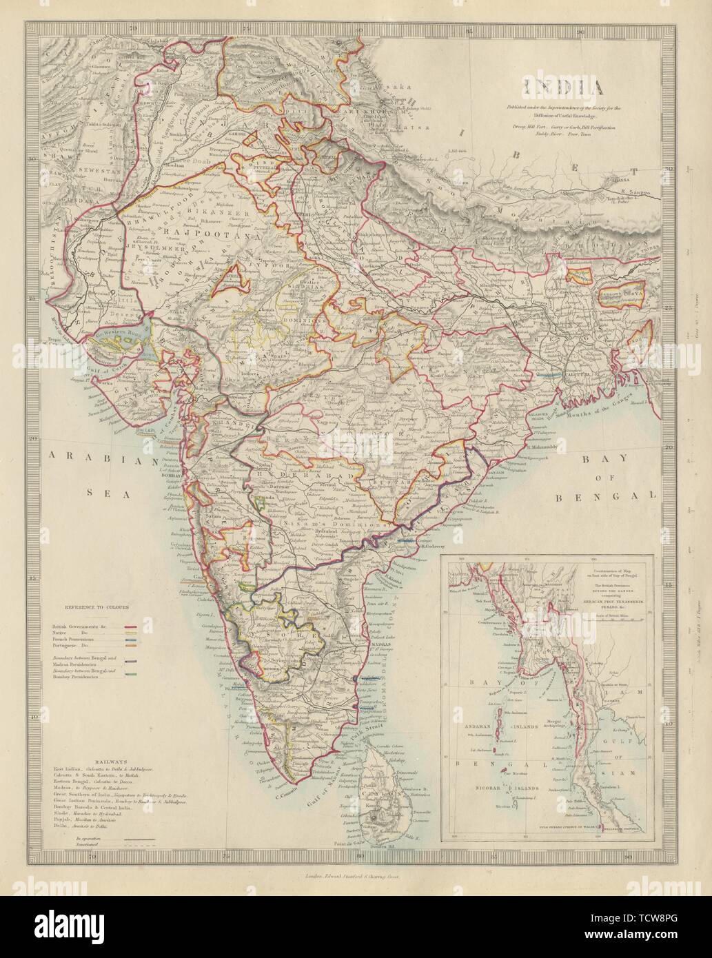 BRITISH INDIA showing French Portuguese native states. Railways. SDUK 1874 map Stock Photo