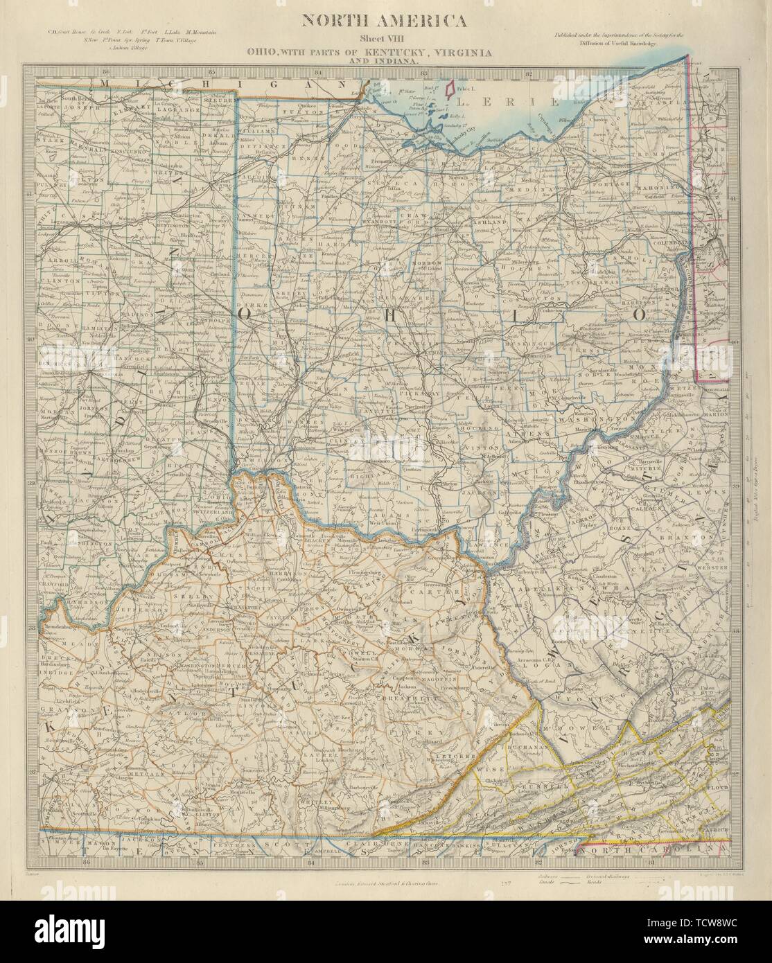 USA. Ohio with parts of Kentucky, Virginia & Indiana. Counties. SDUK 1874 map Stock Photo