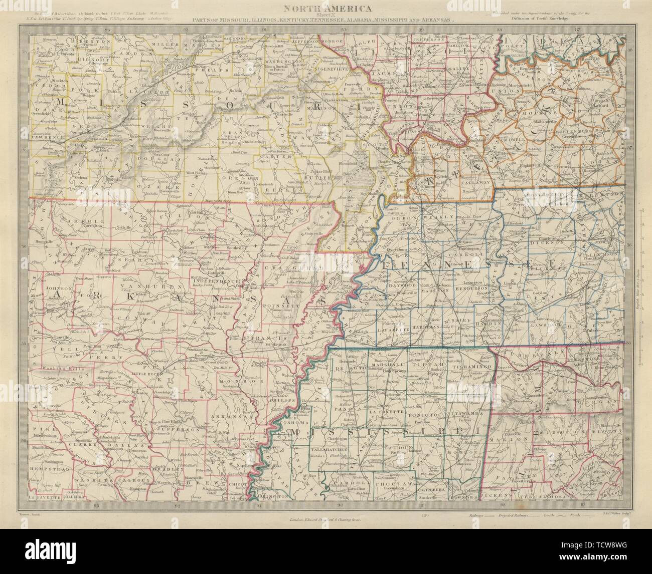 LOWER MISSISSIPPI VALLEY Arkansas Missouri Tennessee Kentucky AL SDUK 1874 map Stock Photo