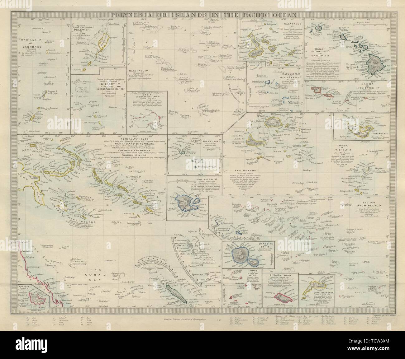 PACIFIC ISLANDS. Polynesia Hawaii Samoa Fiji Tonga Tahiti Cook. SDUK 1874 map Stock Photo