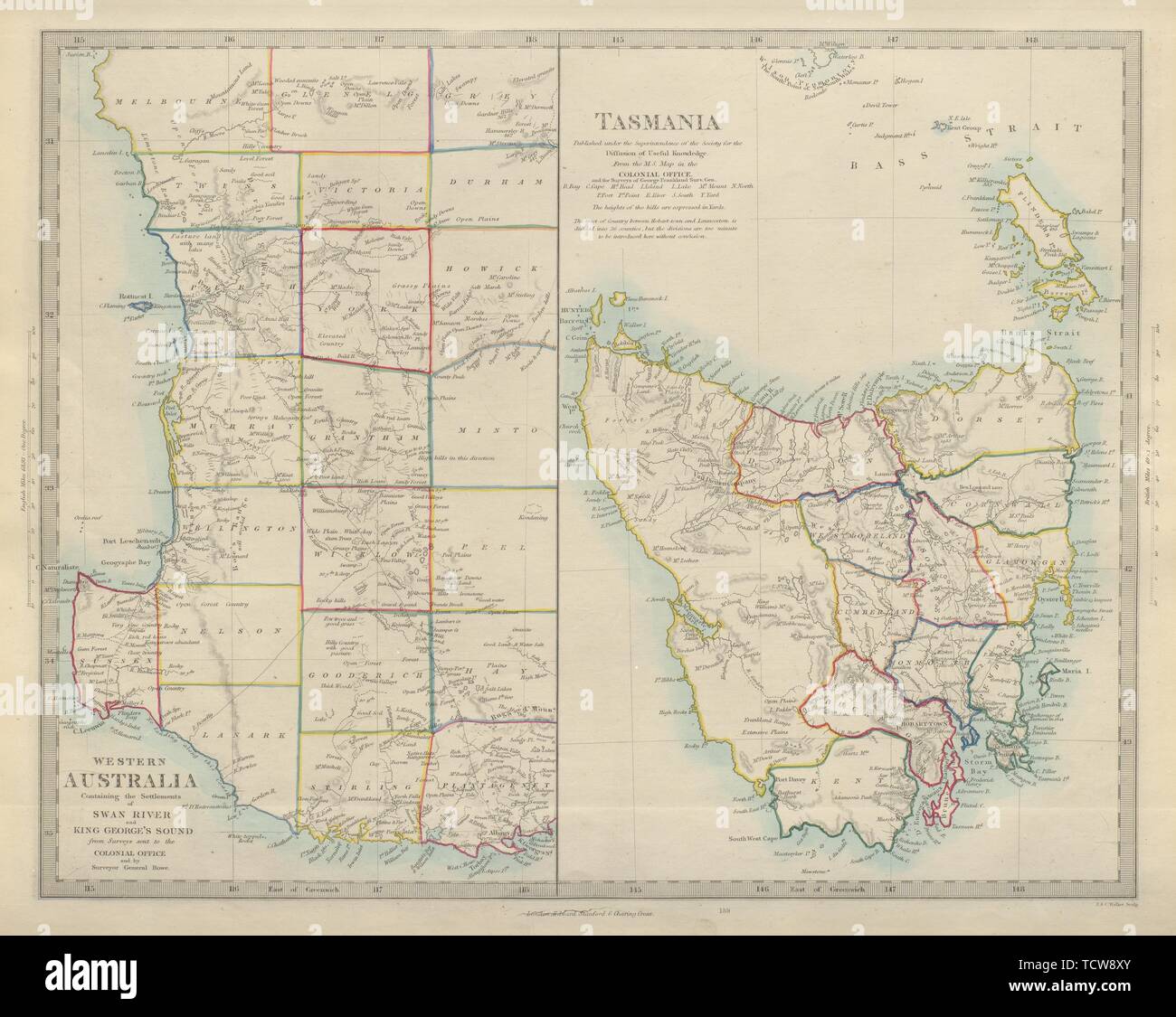 AUSTRALIA. Western Australia & Tasmania. Perth & Hobart. SDUK 1874 old map Stock Photo