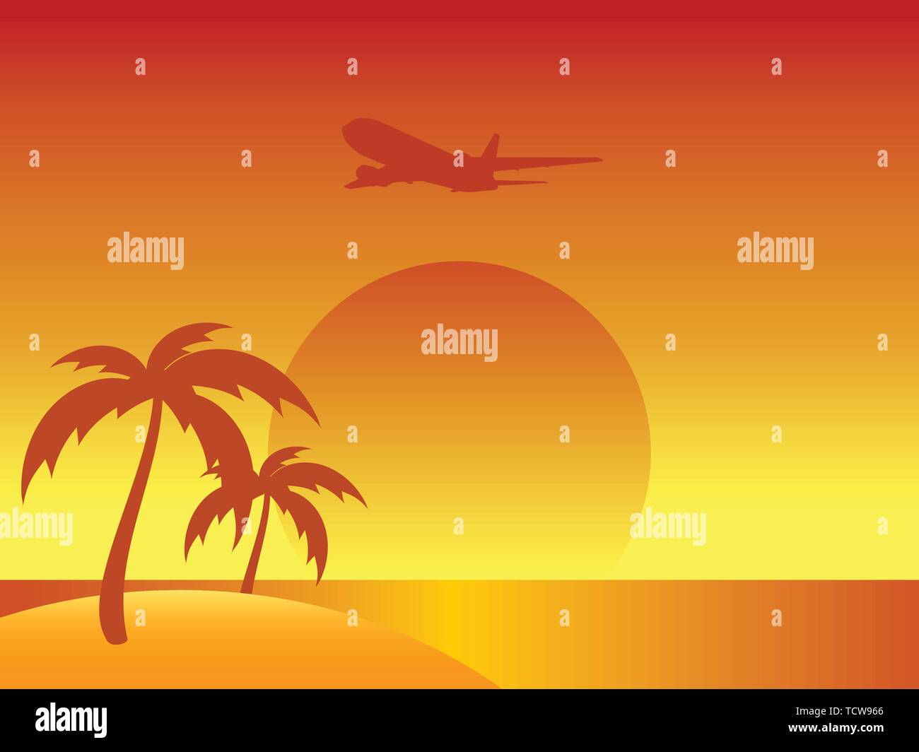 Abstract Orange and Yellow Summer Background With Silhouette Palm Trees and Airplane Over Sunset From a Tropical Island Stock Vector