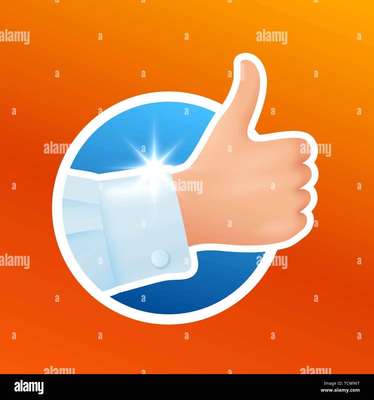 Washing clothes sticker, clean white shirt, hand show thumbs up gesture, like, good laundry detergent result, satisfied client, vector illustration Stock Vector