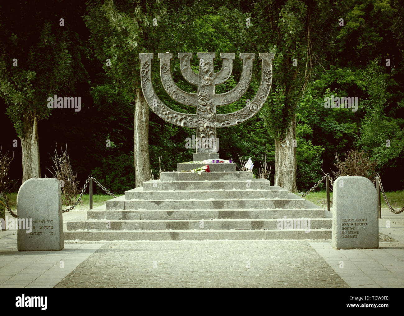 Kiev Ukraine - May 25, 2019. Menorahs Monument at Babi Yar memorial complex, place of massacres carried out by German forces during World War II. Stock Photo