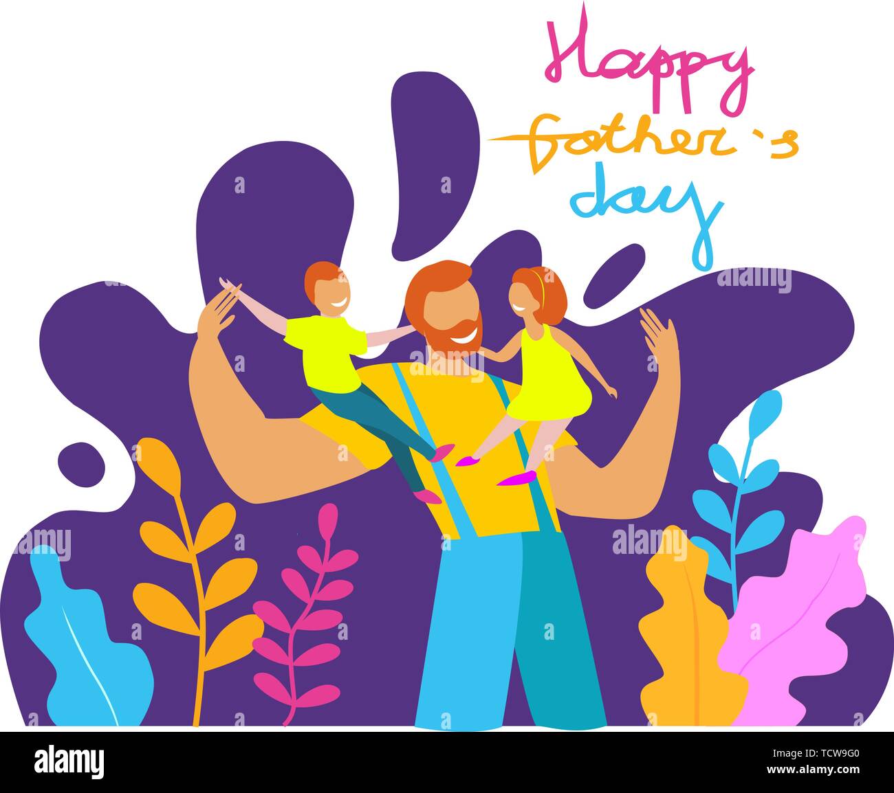 Fathers Day greeting card. Happy father playing with his children. Flat
