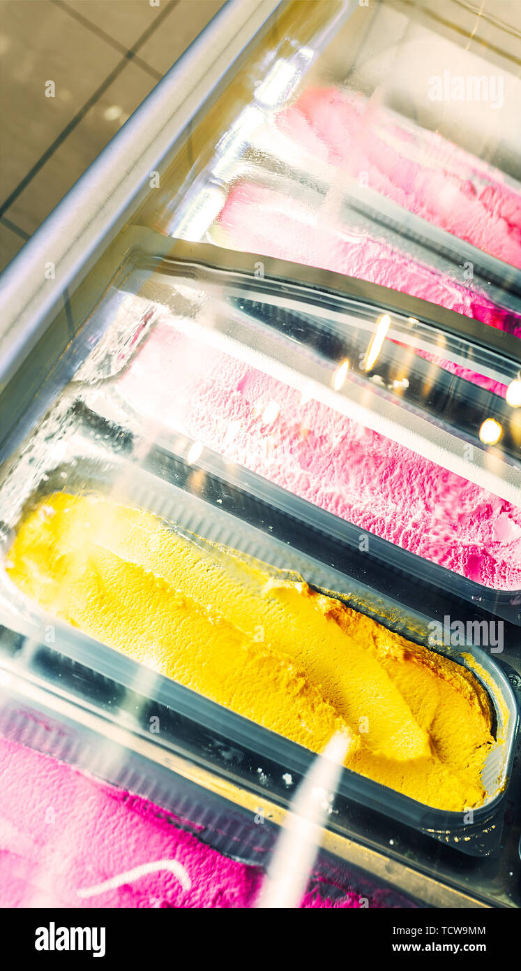 icecreams in the refrigerated display Stock Photo Alamy
