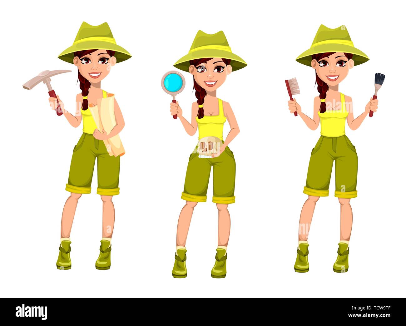 Beautiful woman archaeologist, set of three poses. Cute cartoon character paleontologist holds pickaxe, holds magnifying glass and skull and holds bru Stock Vector