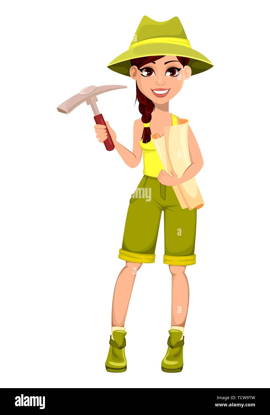 Beautiful woman archaeologist with pickaxe and scroll. Cute cartoon character paleontologist. Vector illustration isolated on white background Stock Vector