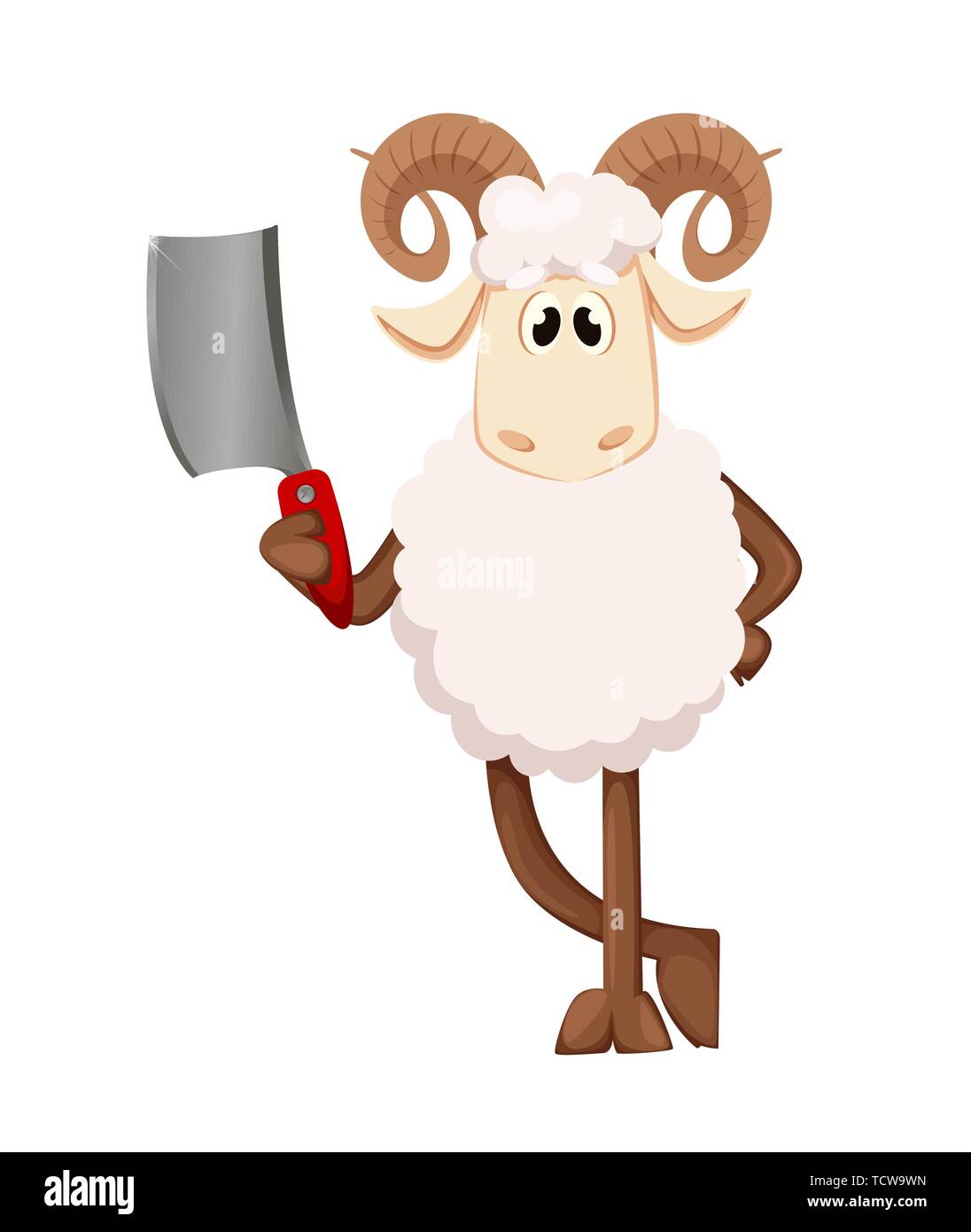 Eid al Adha Mubarak greeting card with funny ram holding cleaver. Traditional Muslim holiday. Vector illustration on white background Stock Vector