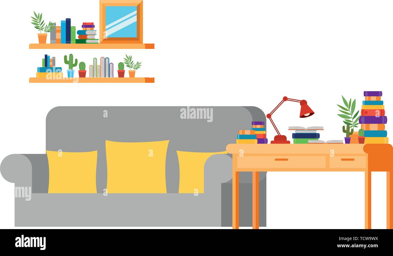 living room with sofa and desk with books Stock Vector Image & Art Alamy