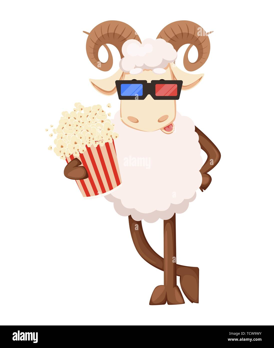 Eid al Adha Mubarak greeting card with funny ram in 3D glasses holding popcorn. Traditional Muslim holiday. Vector illustration on white background Stock Vector