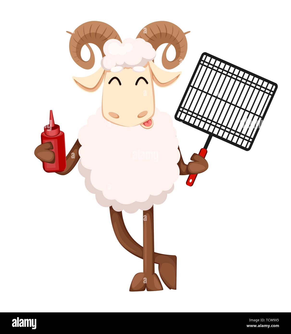 Eid al Adha Mubarak greeting card with funny ram holding grid for barbeque and ketchup. Traditional Muslim holiday. Vector illustration on white backg Stock Vector